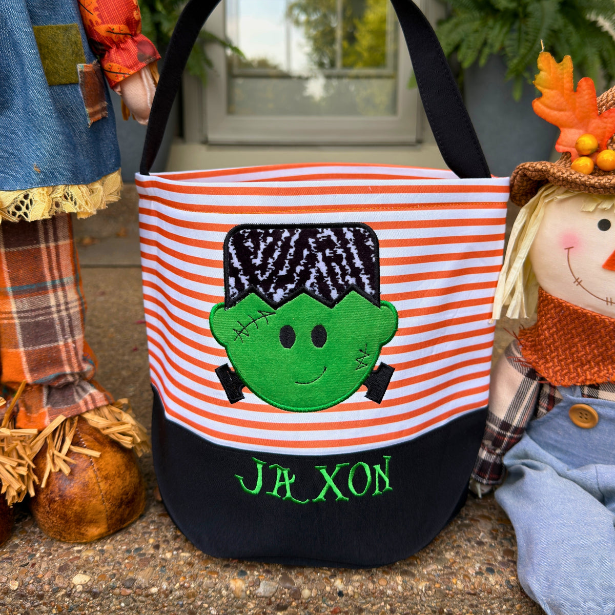 Personalized Embroidered Halloween Treat Basket with Striped Character Designs