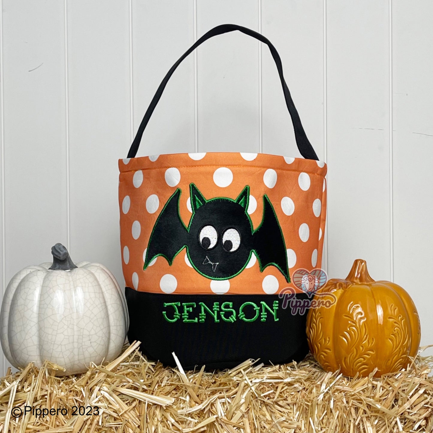 Personalized Custom Embroidered Large Dot Appliqué Character Trick or Treat Halloween Bag Basket Bucket Tote Kid’s Gift for Boy or Girl