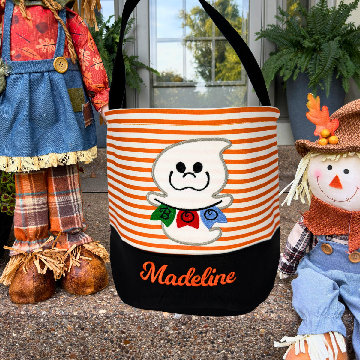 Personalized Embroidered Halloween Treat Basket with Striped Character Designs