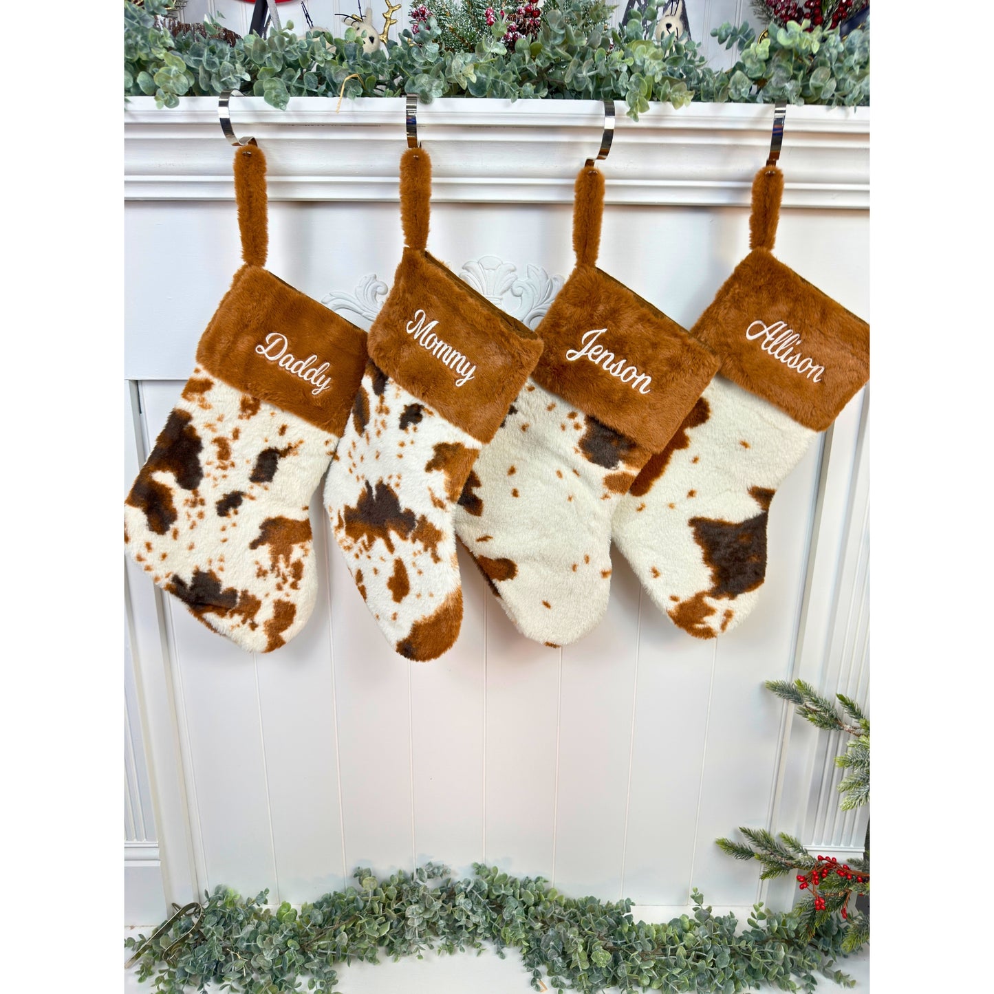 Personalized Embroidered Furry Brown Cow Family Christmas Stocking