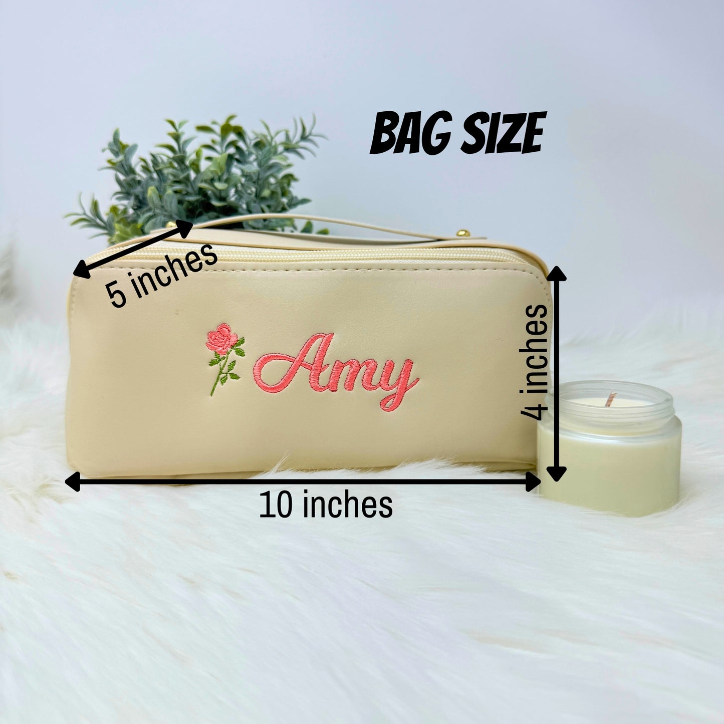 Personalized Vegan Leather Makeup Bag with Embroidered Name and Birth Month Flower