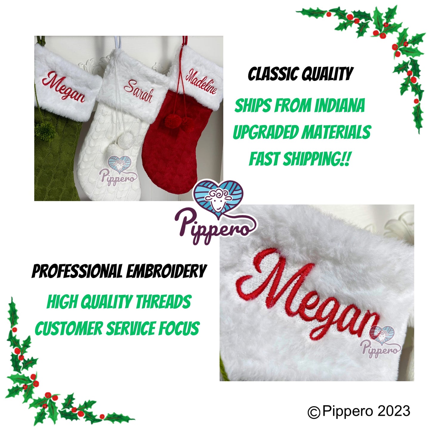 Custom Personalized Embroidered Classic Family Christmas Stockings with Furry Cuff and Poms Red Green White