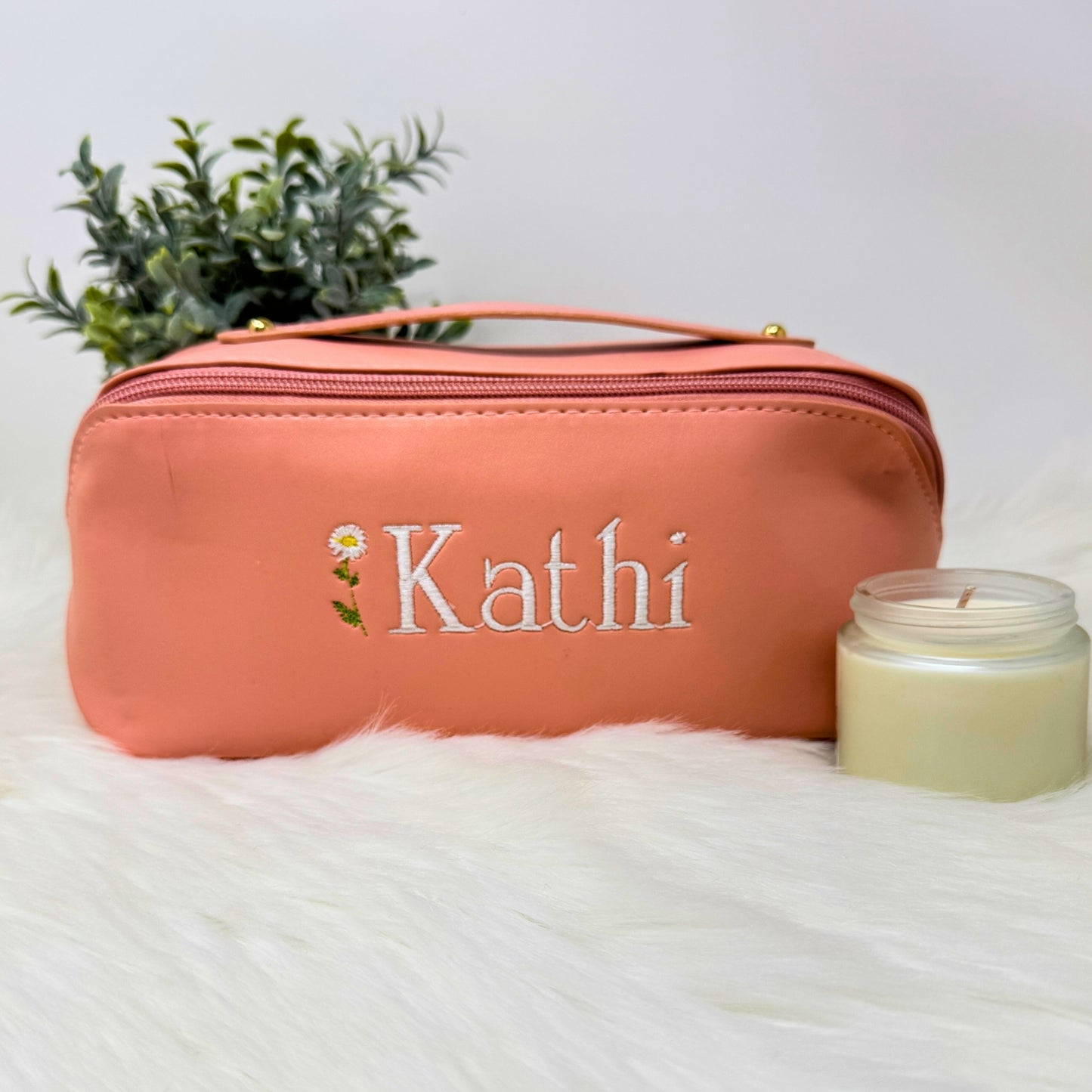 Personalized Vegan Leather Makeup Bag with Embroidered Name and Birth Month Flower