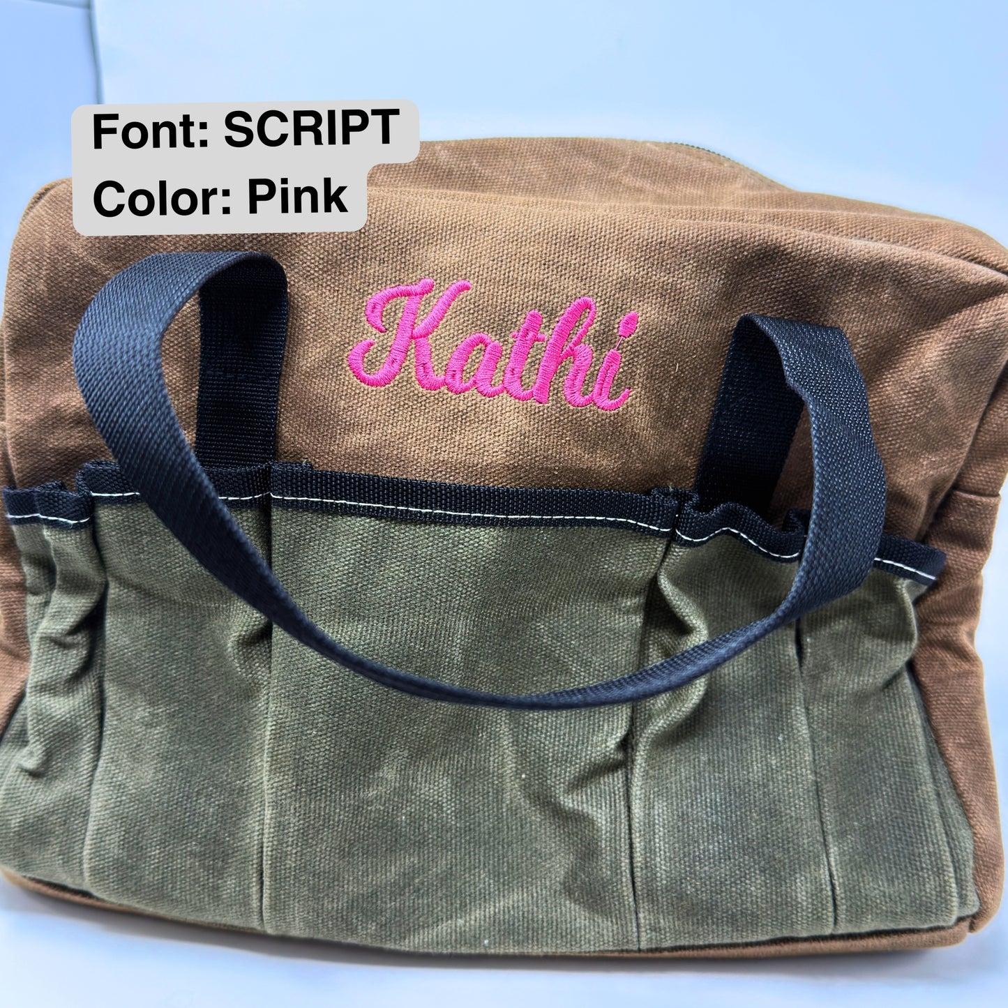 Personalized Embroidered Tool Bag with waxed canvas exterior