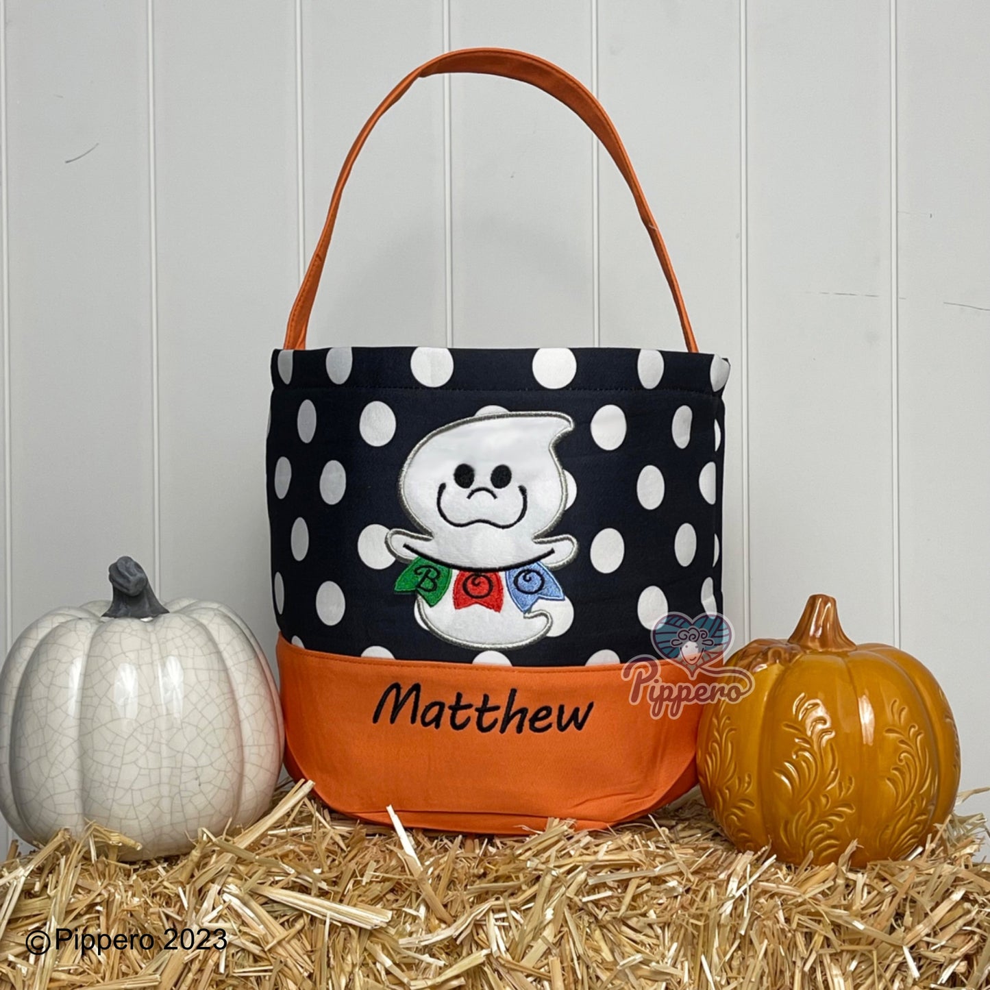 Personalized Custom Embroidered Large Dot Appliqué Character Trick or Treat Halloween Bag Basket Bucket Tote Kid’s Gift for Boy or Girl