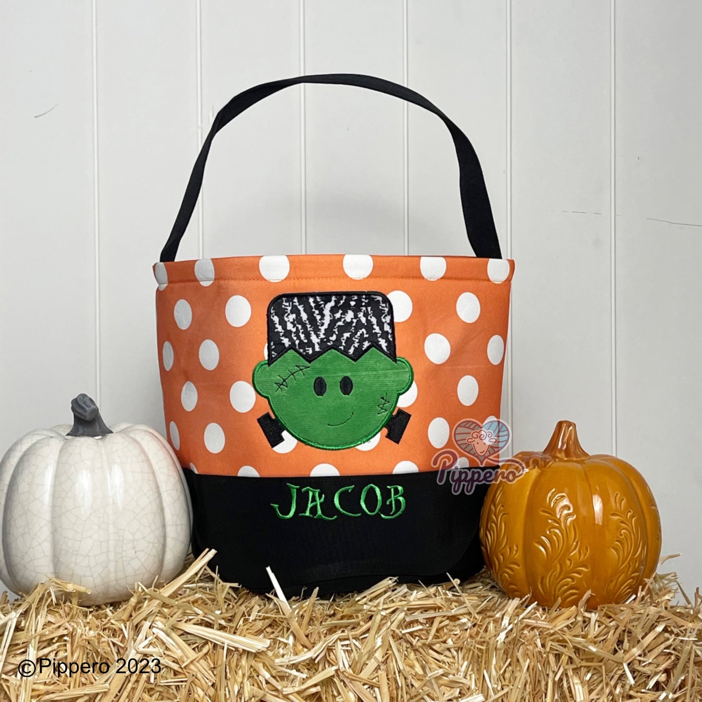 Personalized Custom Embroidered Large Dot Appliqué Character Trick or Treat Halloween Bag Basket Bucket Tote Kid’s Gift for Boy or Girl