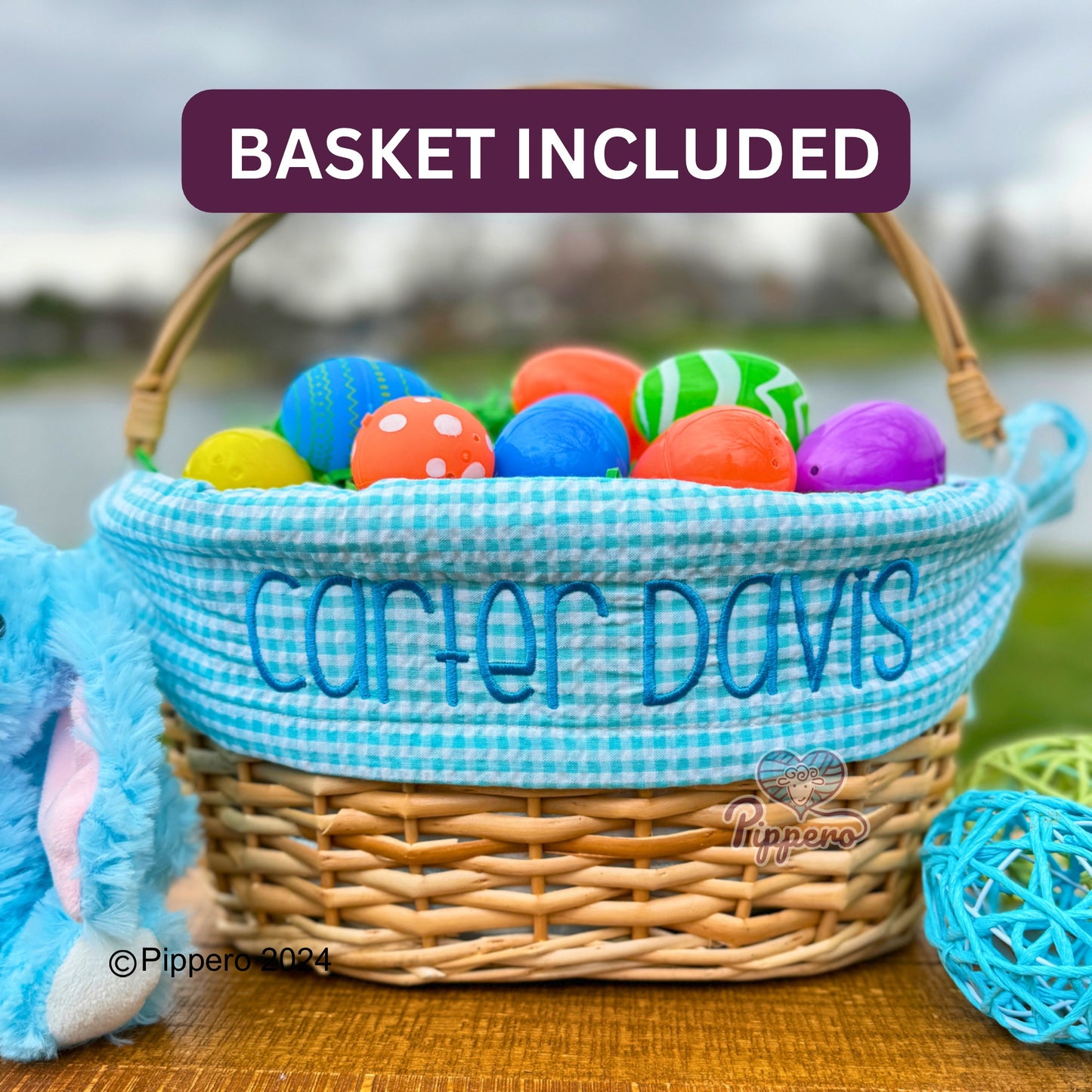 Personalized Embroidered Wicker Easter Candy Egg Basket with Gingham Liner