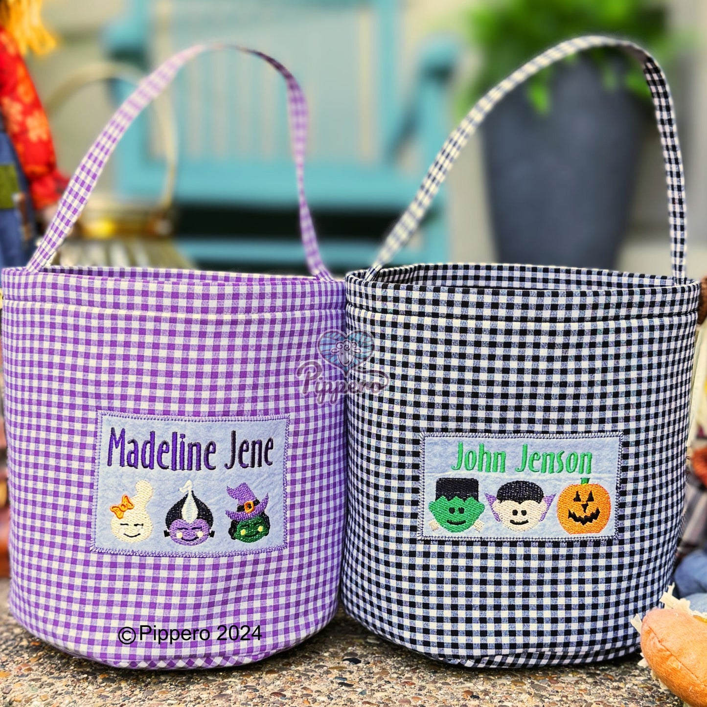 Personalized Custom Embroidered Halloween Trick-or-Treat Candy Basket Bag Bucket Tote Gingham Dracula Frankenstein Witch Pumpkin Boy Girl