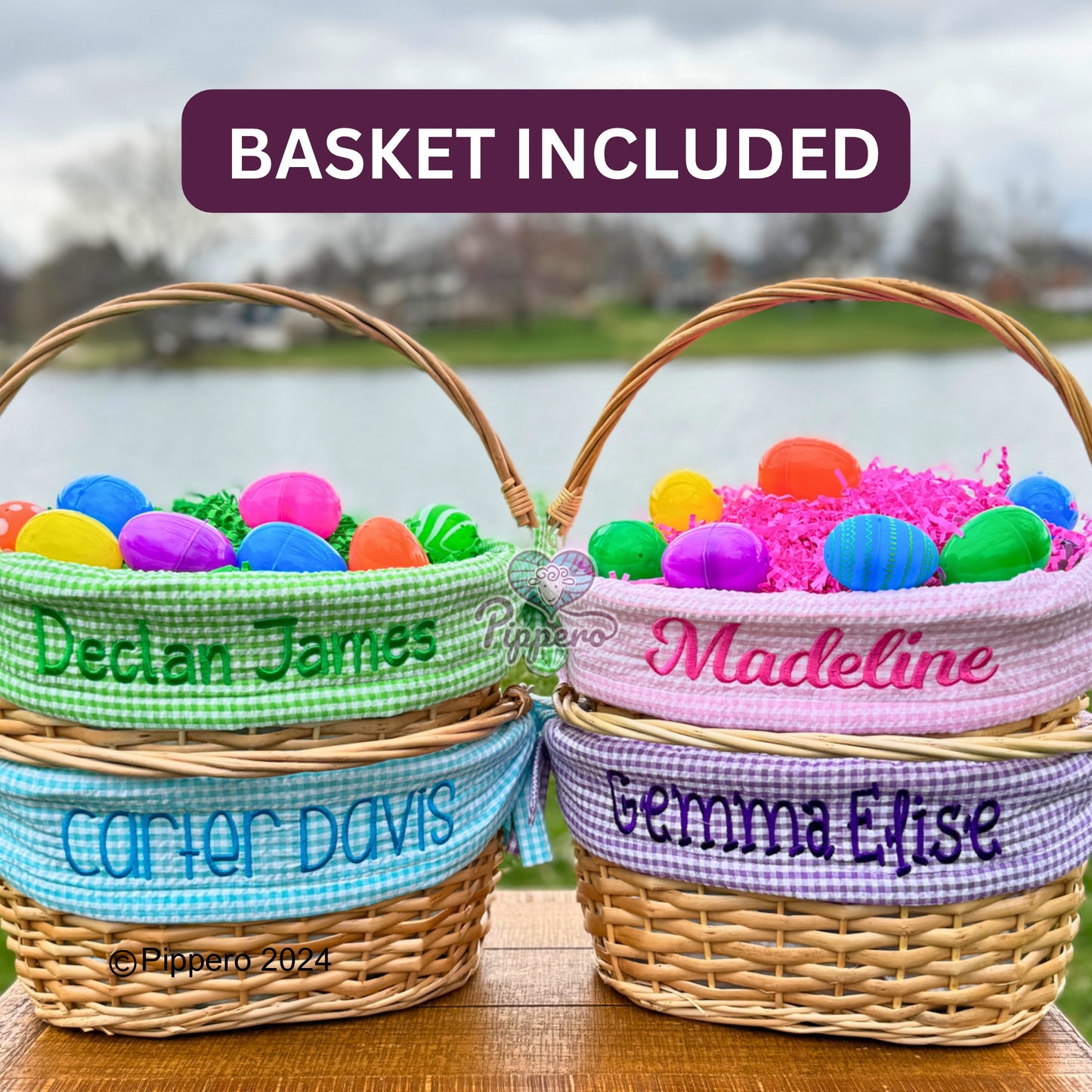 Personalized Embroidered Wicker Easter Candy Egg Basket with Gingham Liner