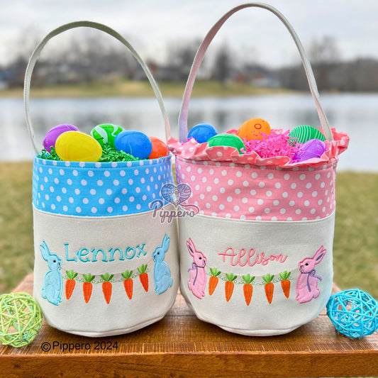 Personalized Embroidered Small Dot Canvas Easter Basket with Bunny with Carrots Design