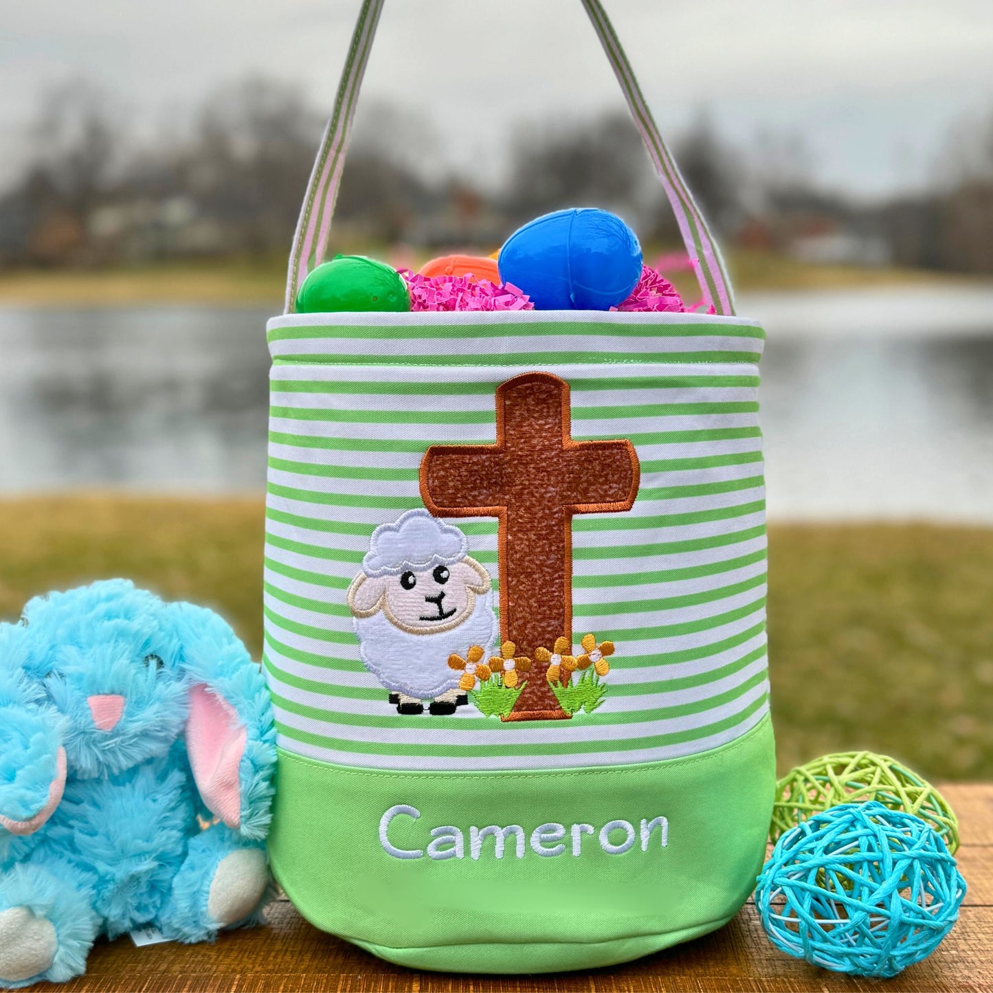Personalized Embroidered Easter Basket with Adorable Custom Design Bunny Cross Lamb Chick Egg Appliqué Characters Gift for Boy Gift for Girl