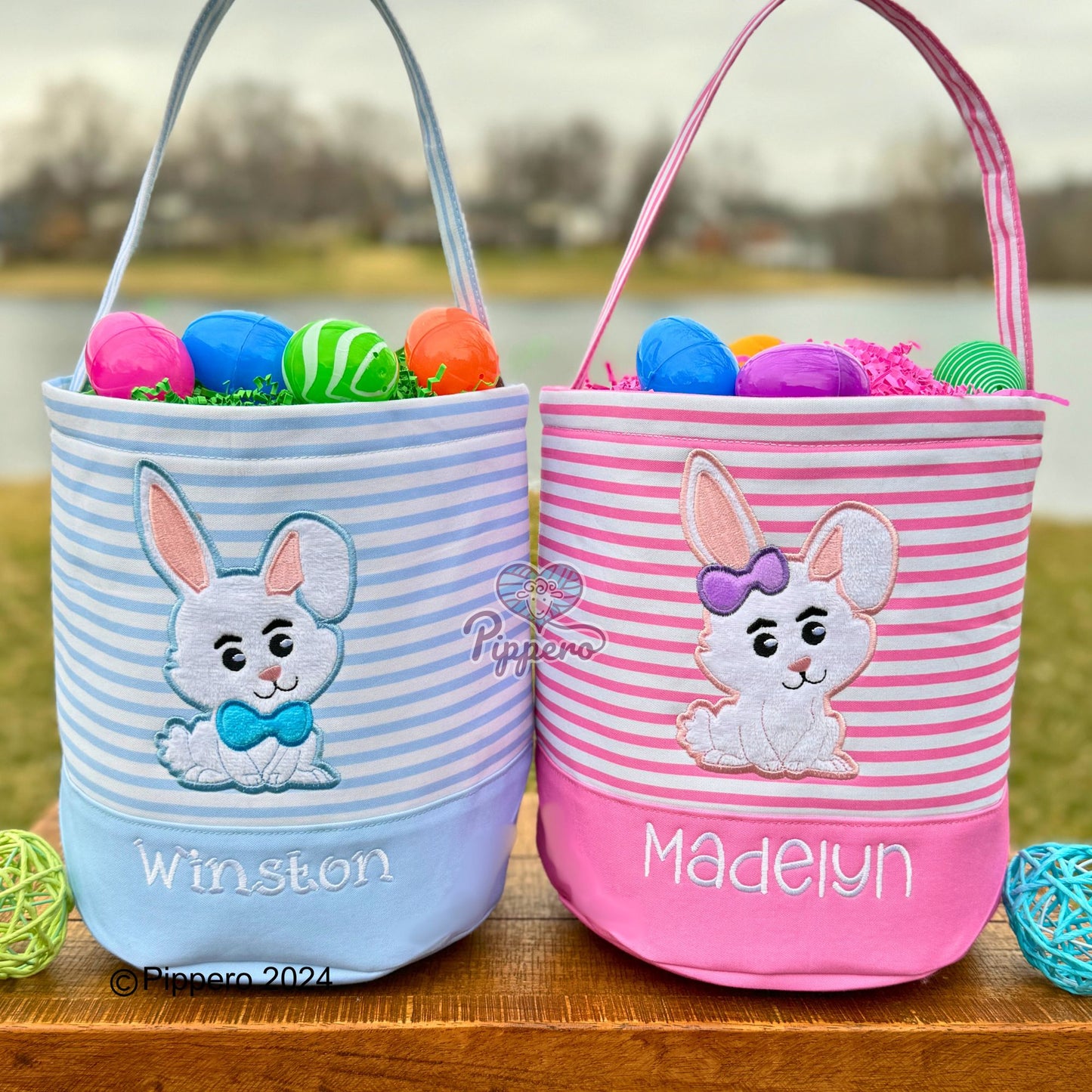Personalized Embroidered Easter Basket with Adorable Custom Design Bunny Cross Lamb Chick Egg Appliqué Characters Gift for Boy Gift for Girl