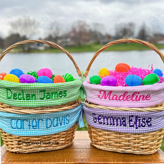 Personalized Embroidered Wicker Easter Candy Egg Basket with Gingham Liner