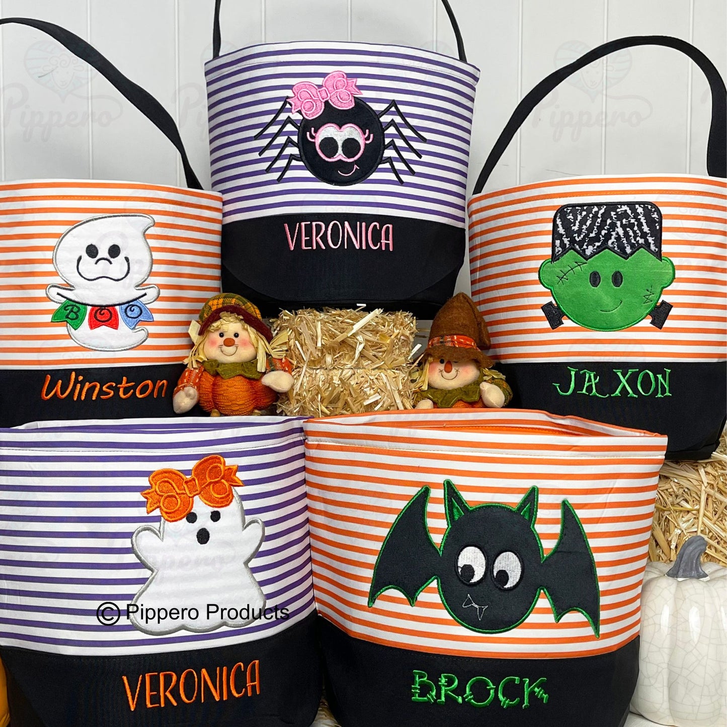 Personalized Embroidered Kid's Trick or Treat Halloween Candy Bag Basket Bucket Tote with Custom Striped Appliqué Characters