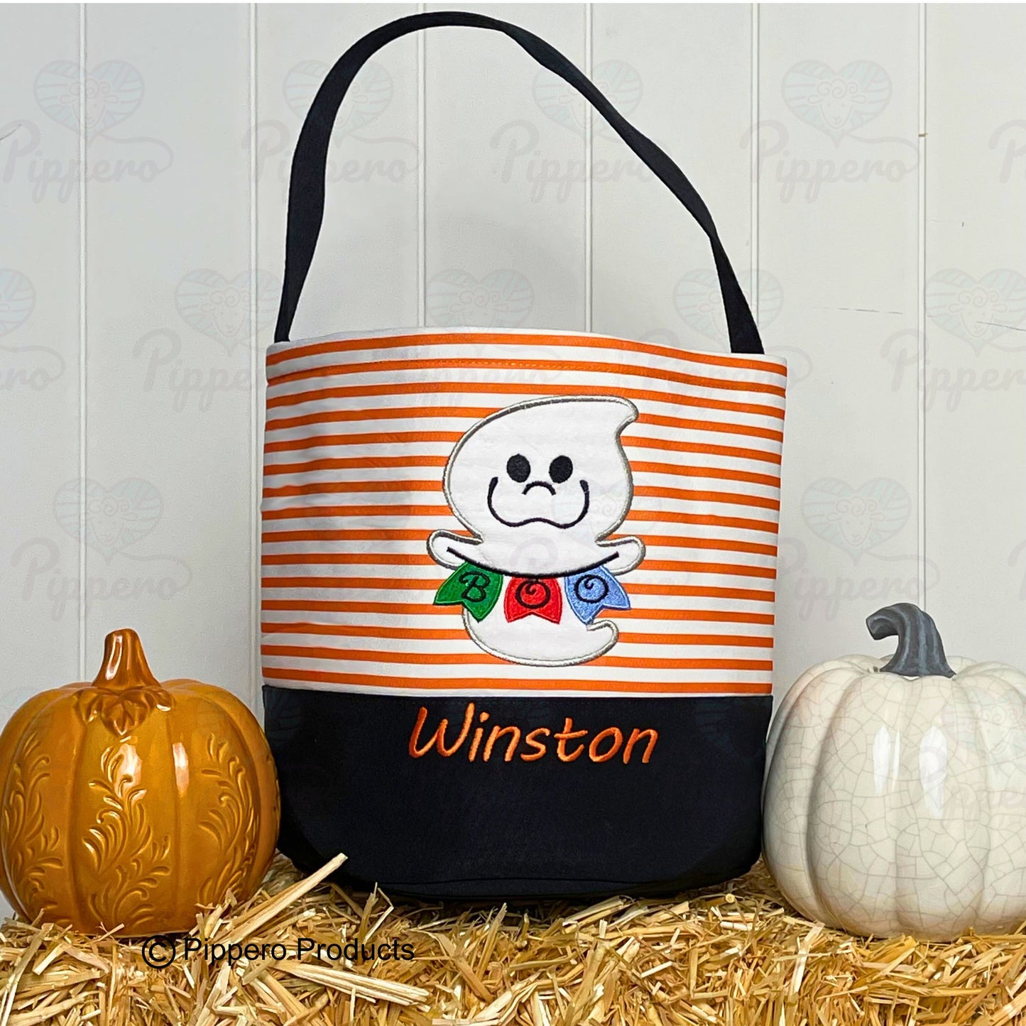 Personalized Embroidered Kid's Trick or Treat Halloween Candy Bag Basket Bucket Tote with Custom Striped Appliqué Characters