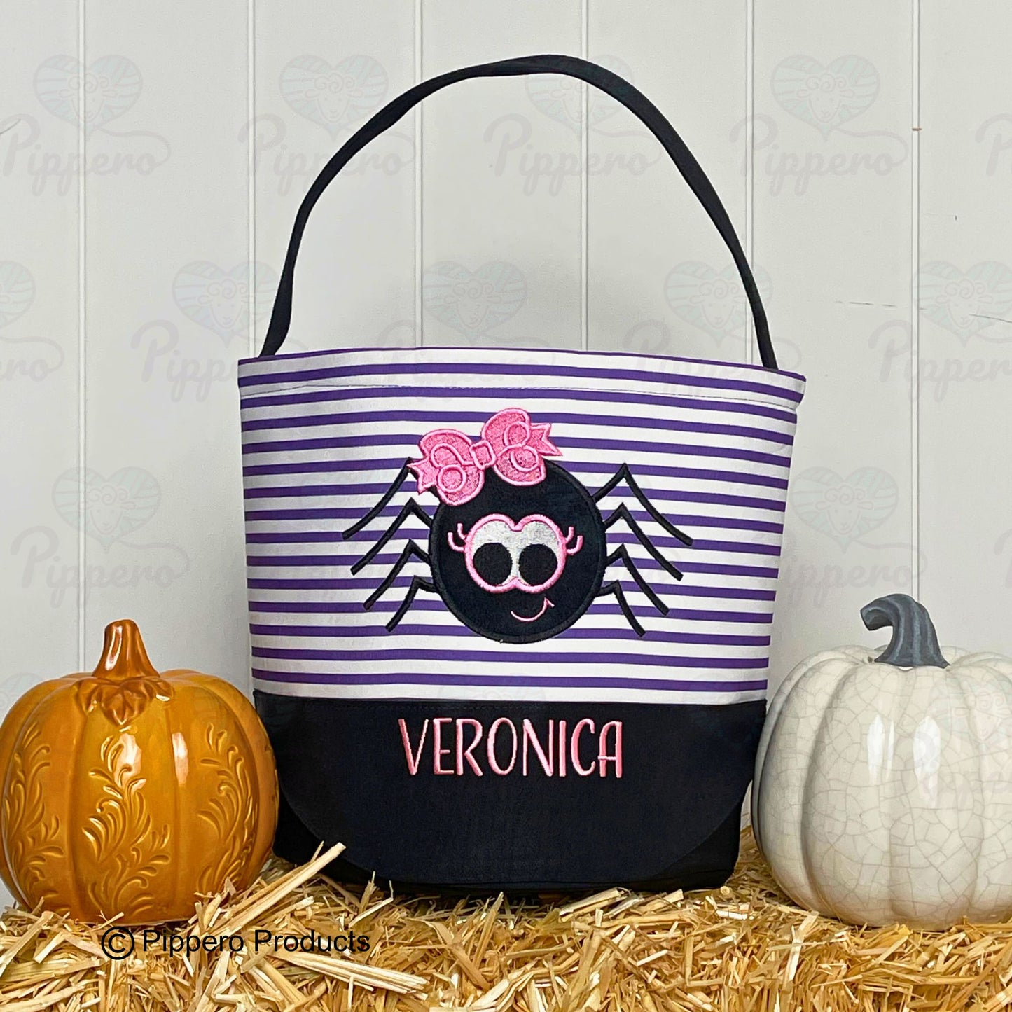 Personalized Embroidered Kid's Trick or Treat Halloween Candy Bag Basket Bucket Tote with Custom Striped Appliqué Characters