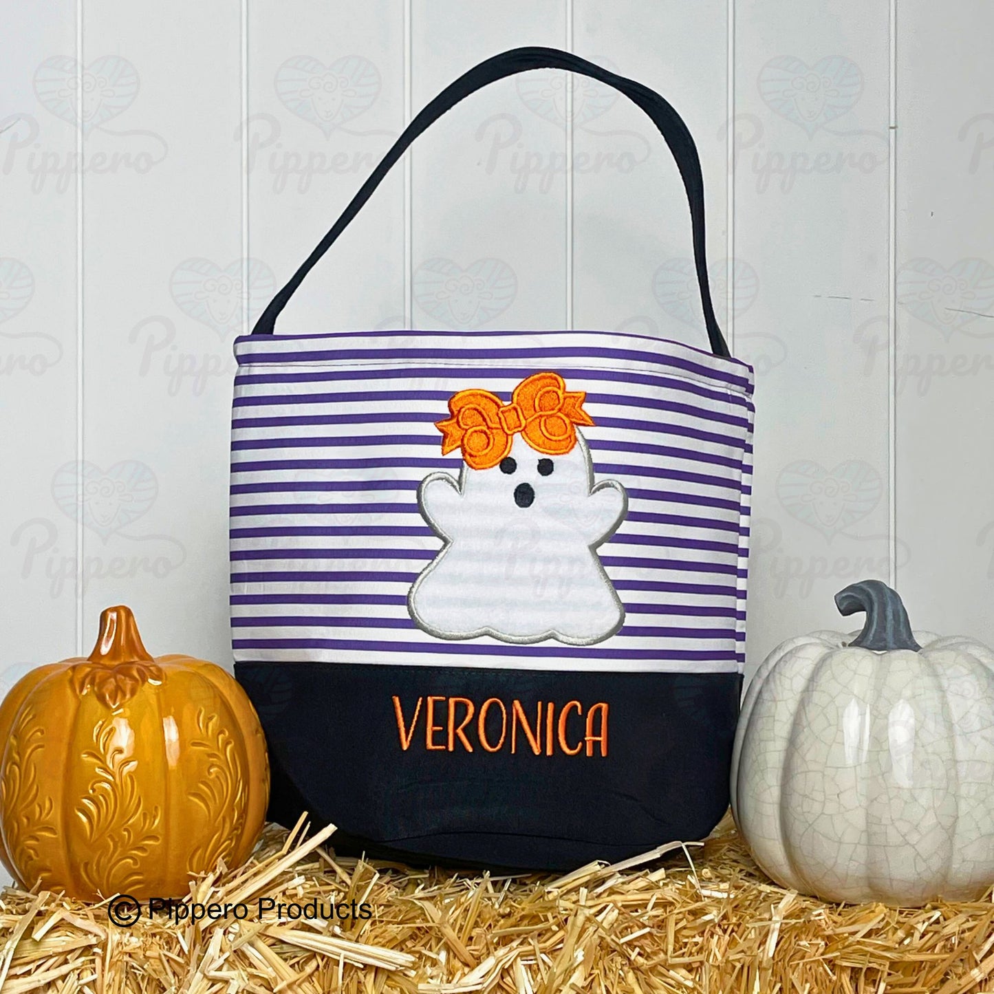 Personalized Embroidered Kid's Trick or Treat Halloween Candy Bag Basket Bucket Tote with Custom Striped Appliqué Characters