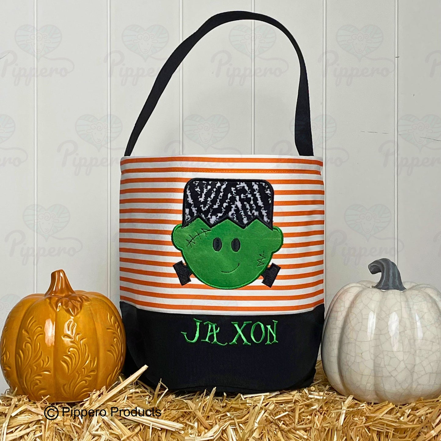 Personalized Embroidered Kid's Trick or Treat Halloween Candy Bag Basket Bucket Tote with Custom Striped Appliqué Characters