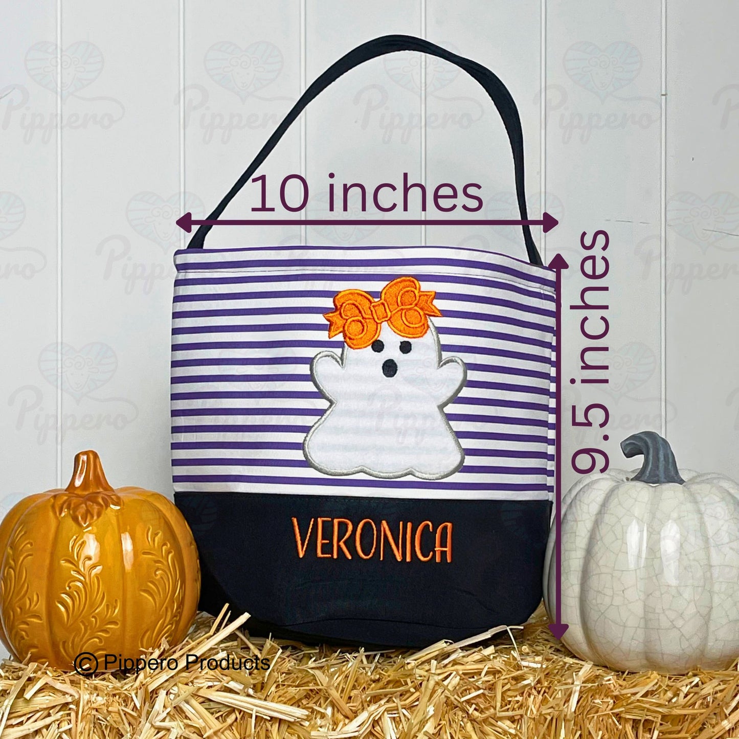 Personalized Embroidered Kid's Trick or Treat Halloween Candy Bag Basket Bucket Tote with Custom Striped Appliqué Characters