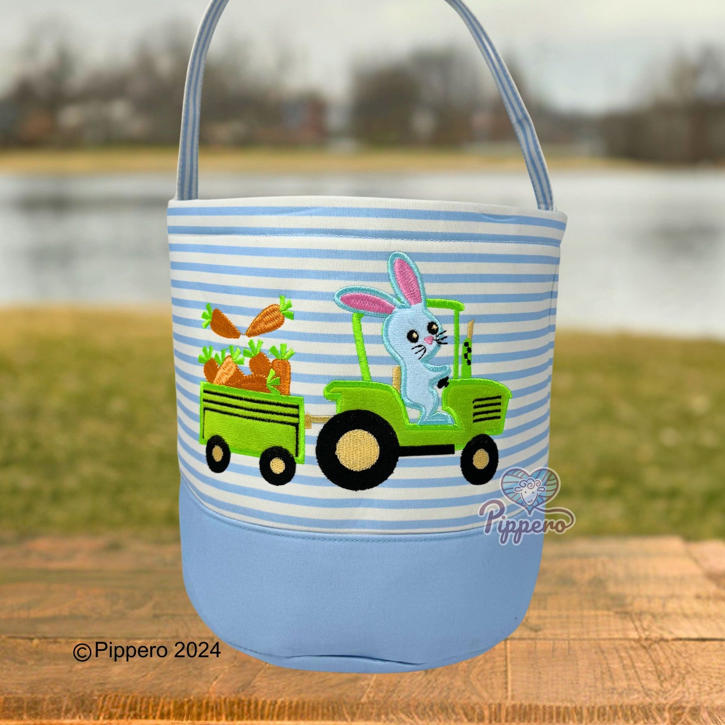 Easter Basket Bucket with Adorable Custom Pippero Design Bunny Cross Lamb Chick Egg Appliqué Characters Gift for Boy Gift for Girl