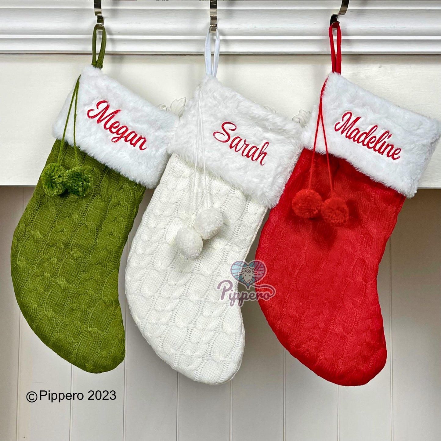 Custom Personalized Embroidered Classic Family Christmas Stockings with Furry Cuff and Poms Red Green White