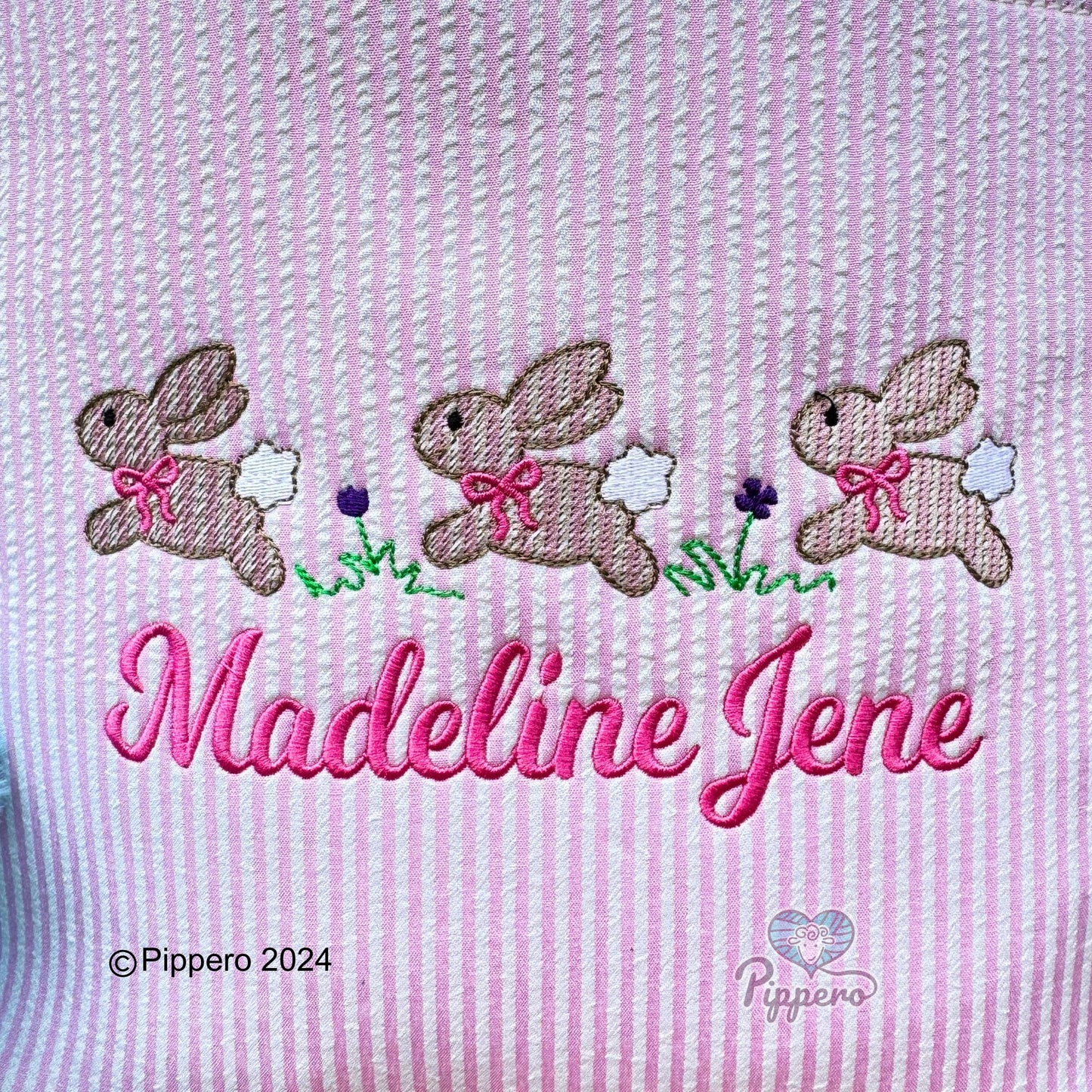 Personalized Custom Embroidered Striped Easter Bag Basket Bucket Tote Blue or Pink Three Bunny with Bow Design Kid’s Gift for Boy or Girl