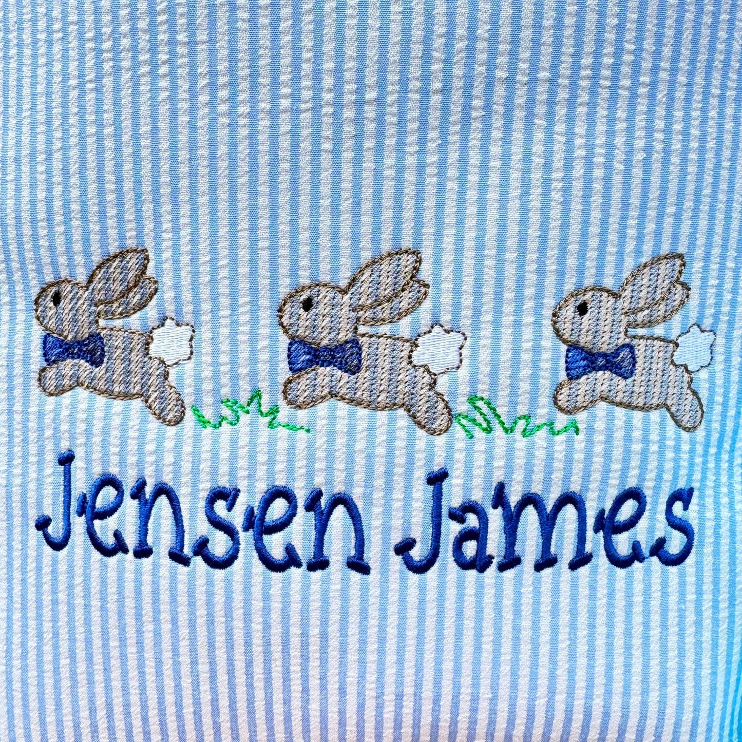 Personalized Custom Embroidered Striped Easter Bag Basket Bucket Tote Blue or Pink Three Bunny with Bow Design Kid’s Gift for Boy or Girl