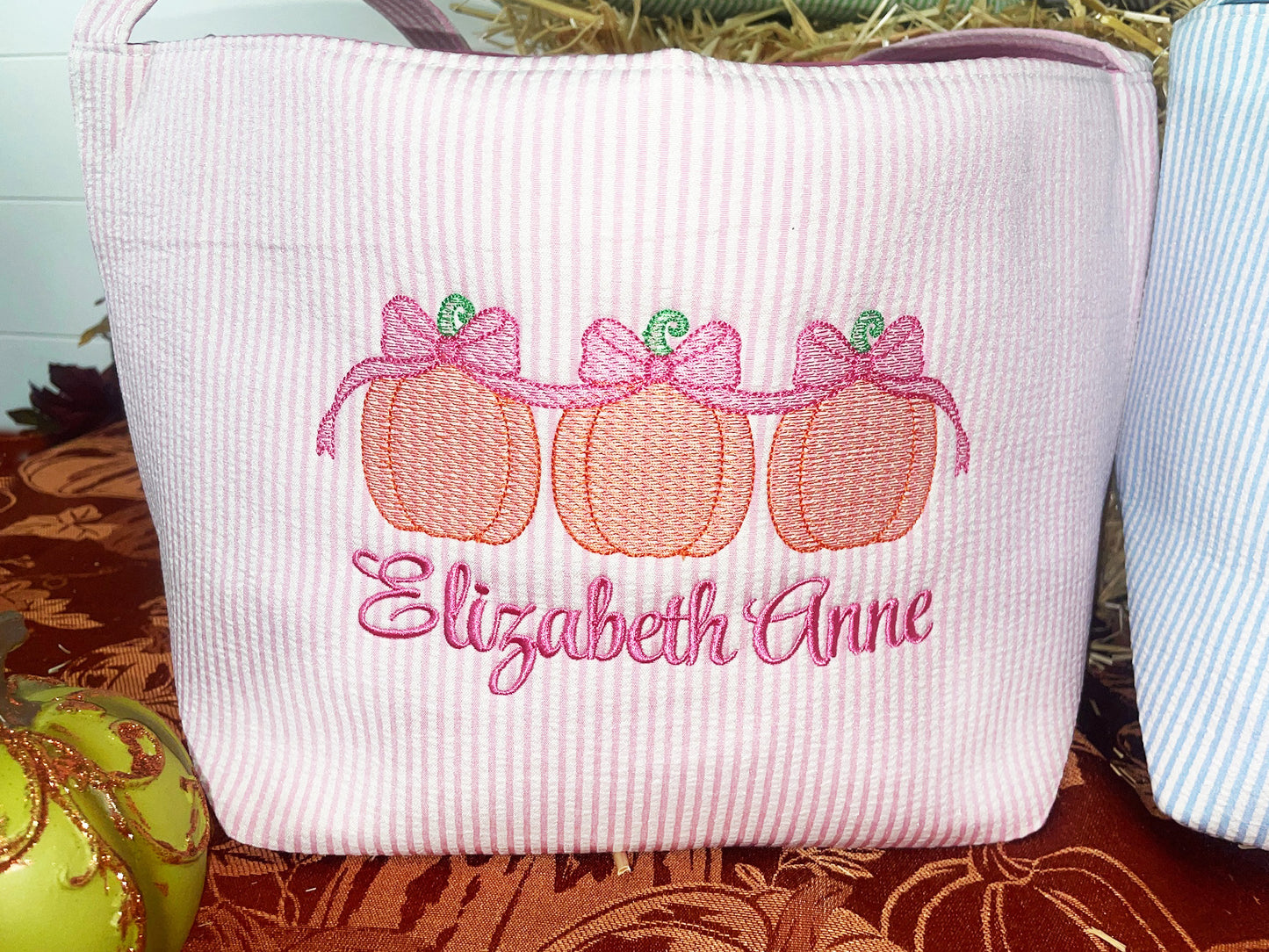 Personalized Embroidered Trick or Treat, Trunk or Treat Halloween Candy Bag Basket Bucket Tote with Pumpkin design on Seersucker basket Gift for Boy or Girl