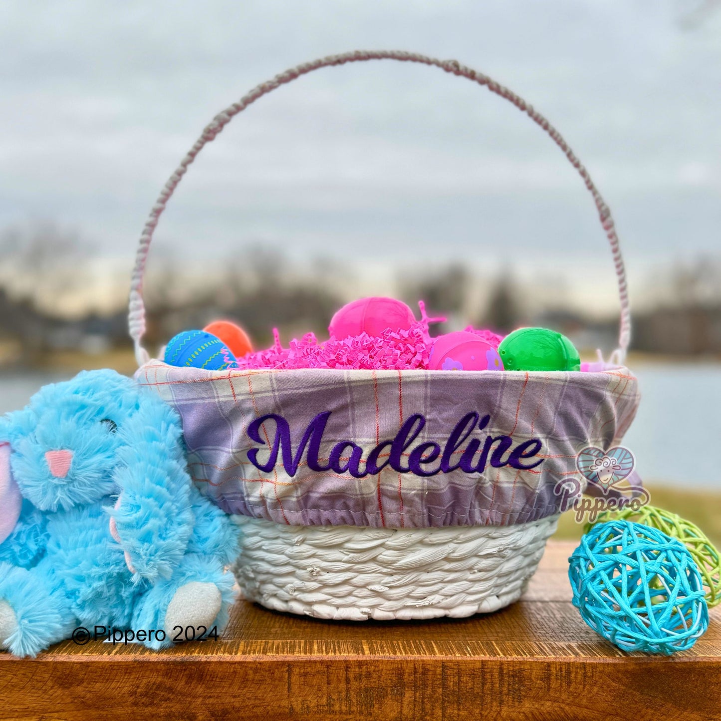 Personalized Classic White Painted Wicker Easter Basket Bucket Pail with Custom Embroidered Liner Easter Gift for Boy Gift for Girl