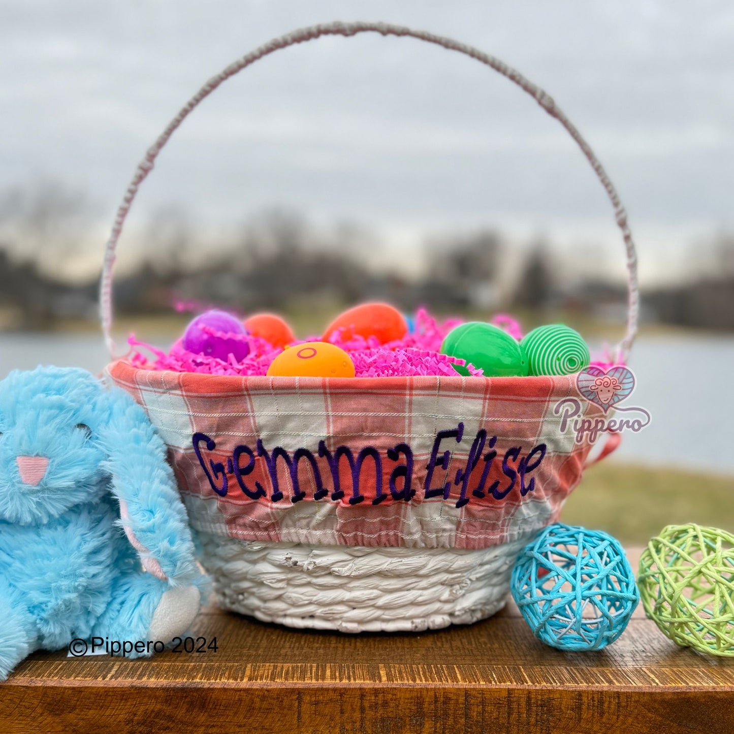 Personalized Classic White Painted Wicker Easter Basket Bucket Pail with Custom Embroidered Liner Easter Gift for Boy Gift for Girl