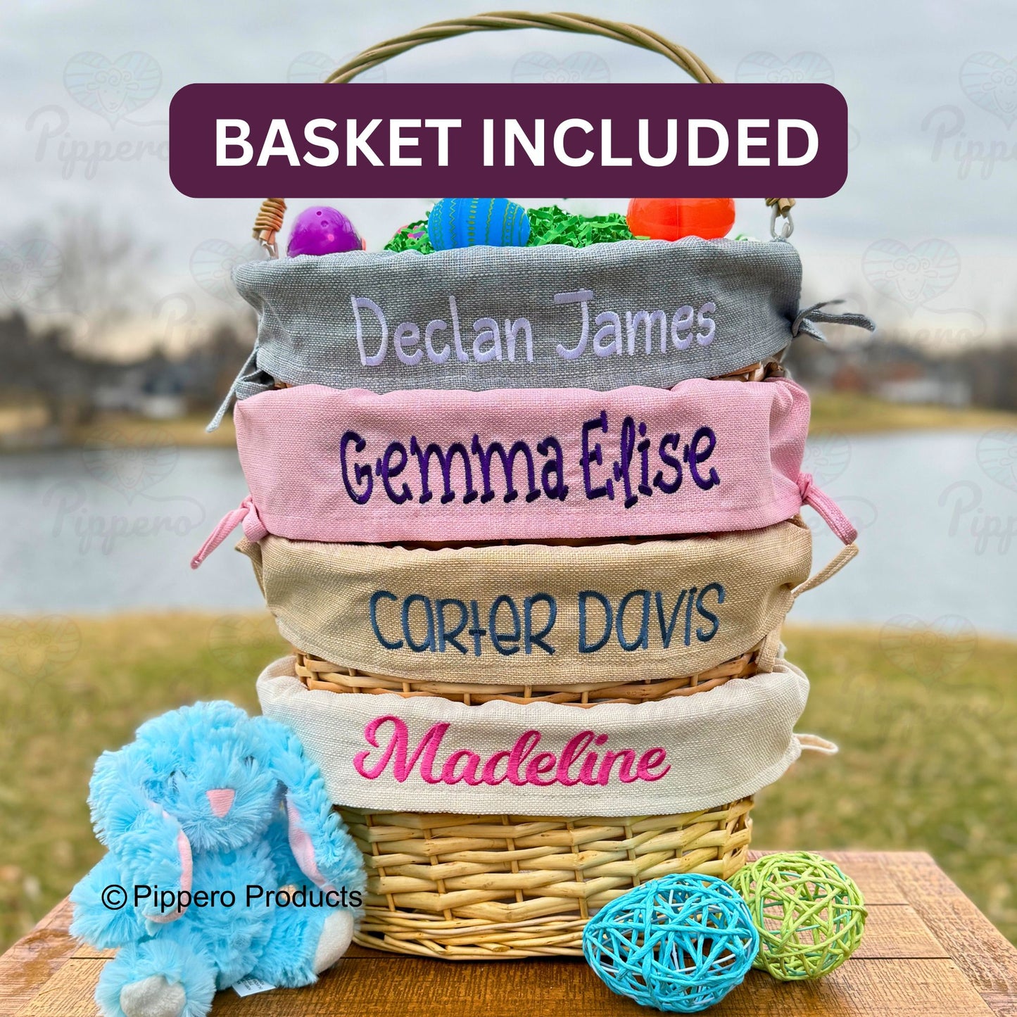 Personalized Wicker Easter Basket with Embroidered Solid Pastel Liner
