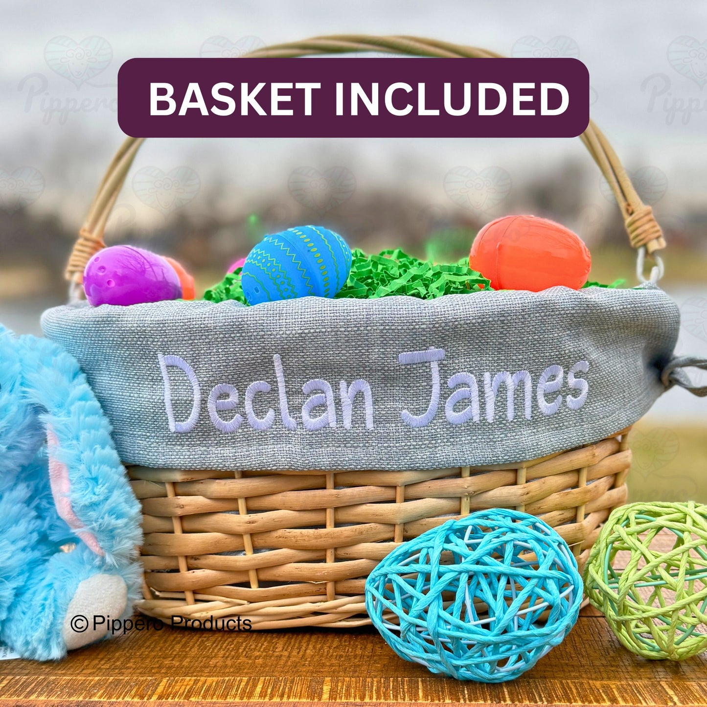 Personalized Embroidered Wicker Easter Candy Egg Basket with Solid Liner