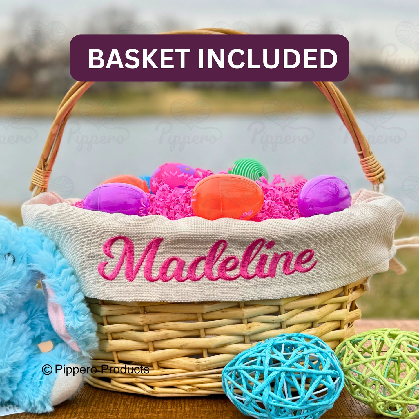 Personalized Embroidered Wicker Easter Candy Egg Basket with Solid Liner