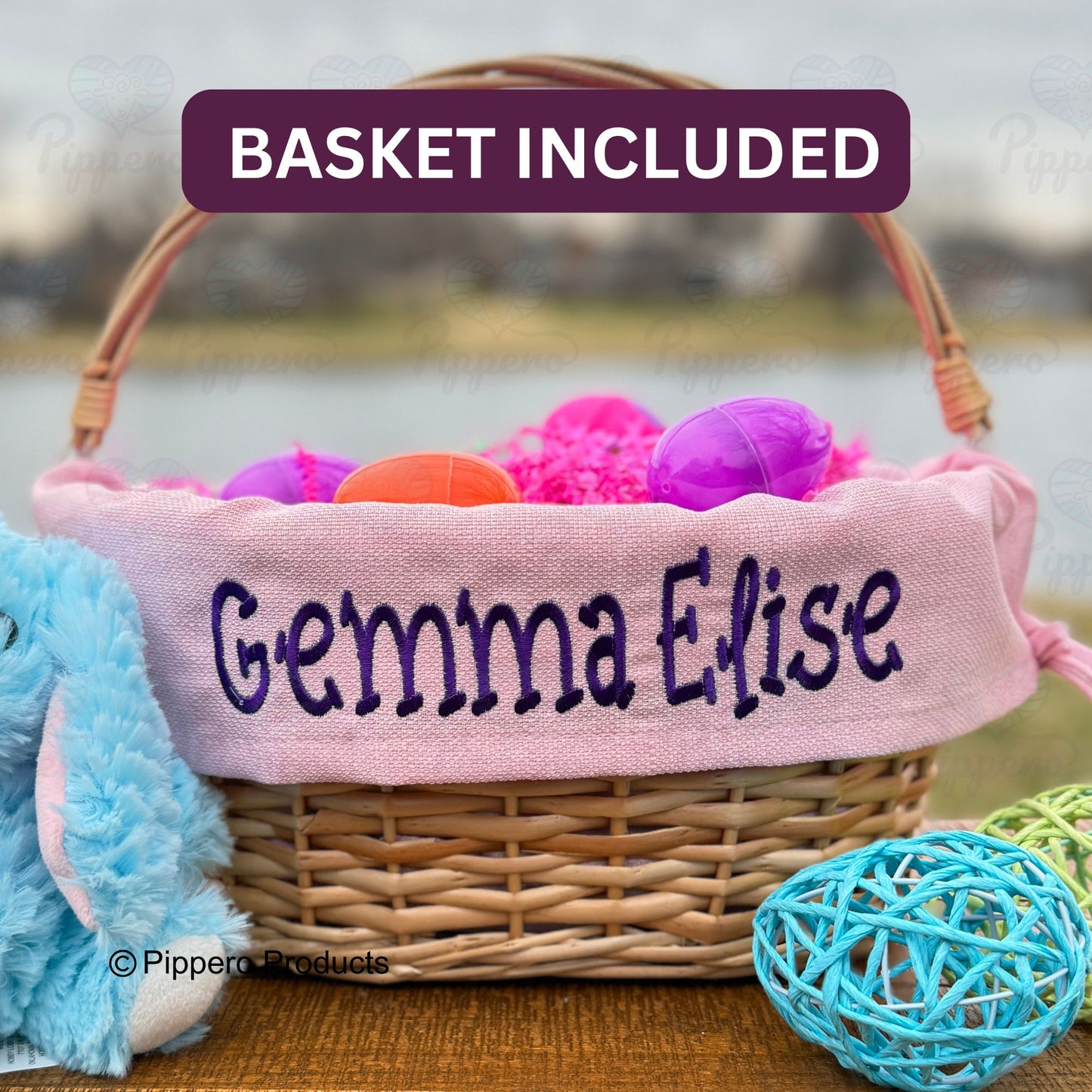 Personalized Embroidered Wicker Easter Candy Egg Basket with Solid Liner