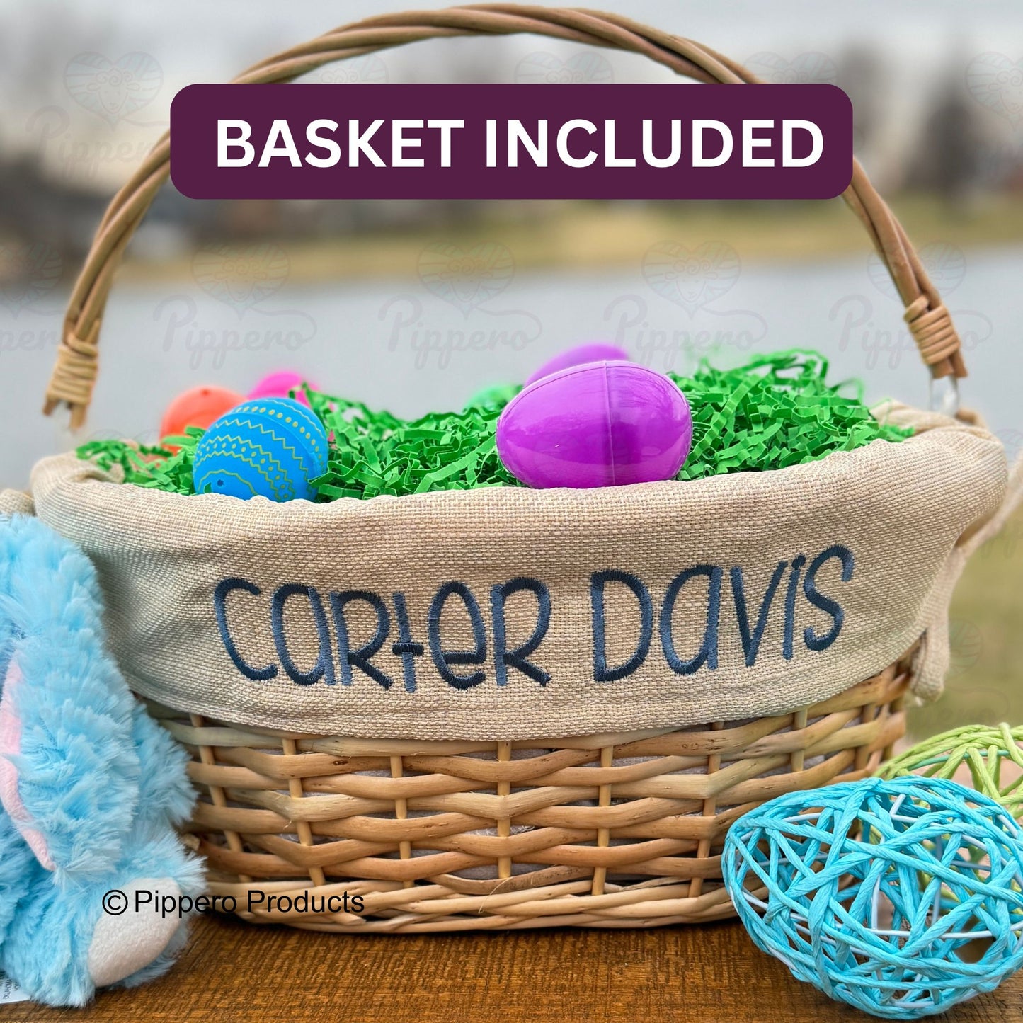 Personalized Embroidered Wicker Easter Candy Egg Basket with Solid Liner