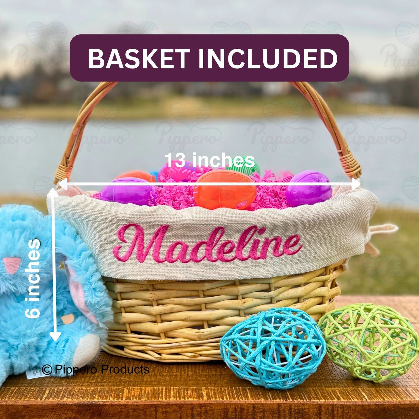 Personalized Embroidered Wicker Easter Candy Egg Basket with Solid Liner