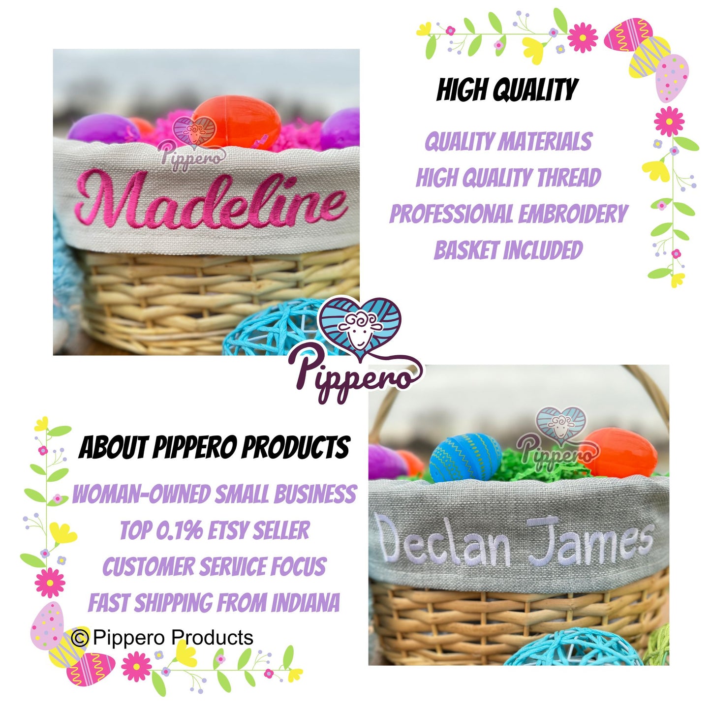 Personalized Embroidered Wicker Easter Candy Egg Basket with Solid Liner