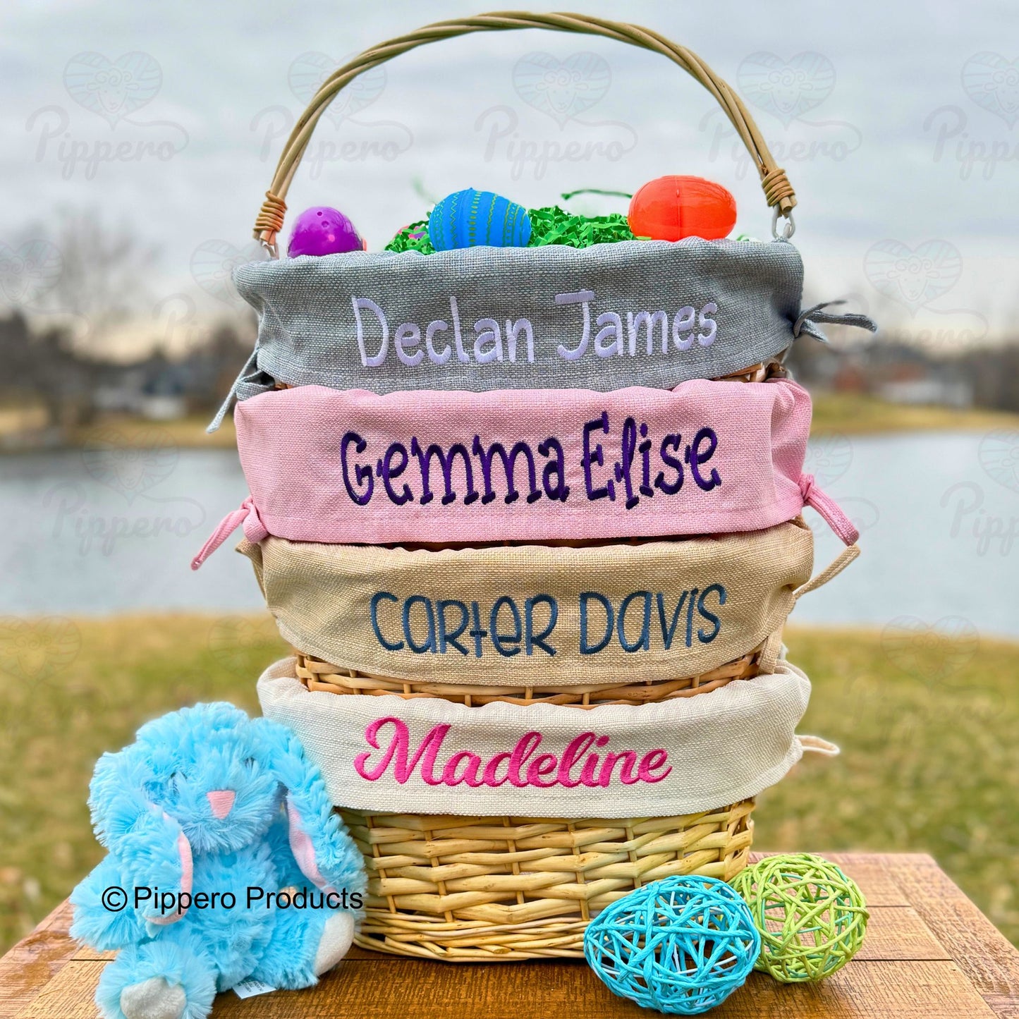 Personalized Wicker Easter Basket with Embroidered Solid Pastel Liner