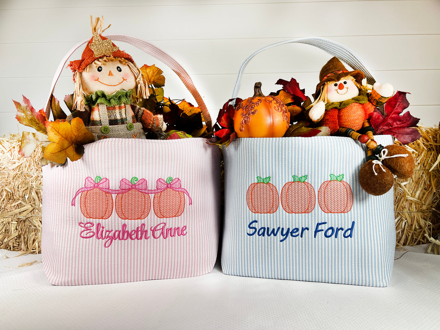 Personalized Embroidered Trick or Treat, Trunk or Treat Halloween Candy Bag Basket Bucket Tote with Pumpkin design on Seersucker basket Gift for Boy or Girl